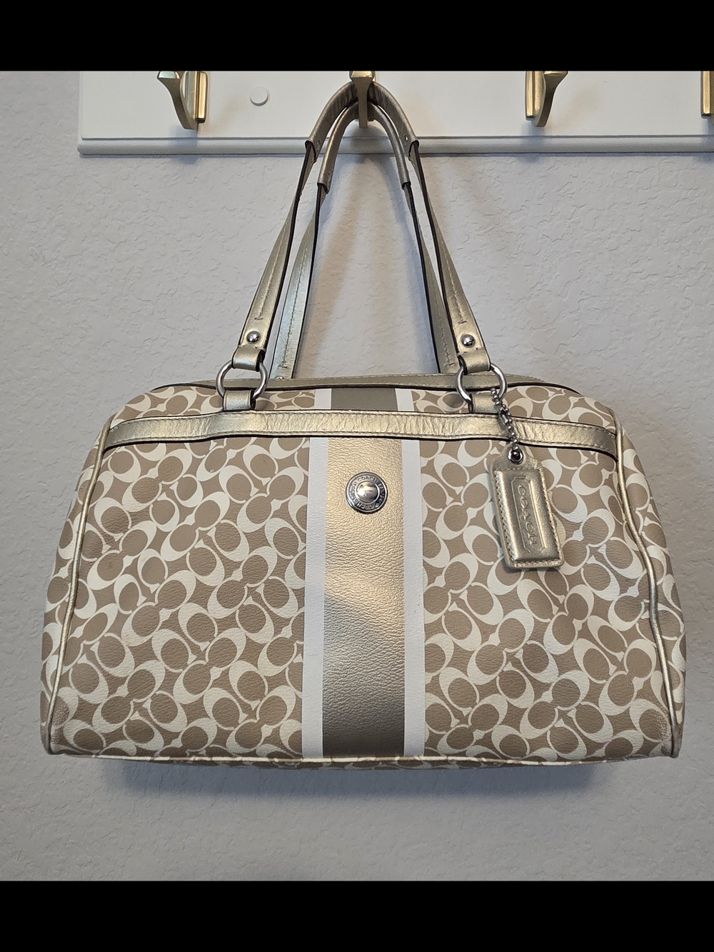 Coach Gold and Cream Signature Stripe Shoulder Bag